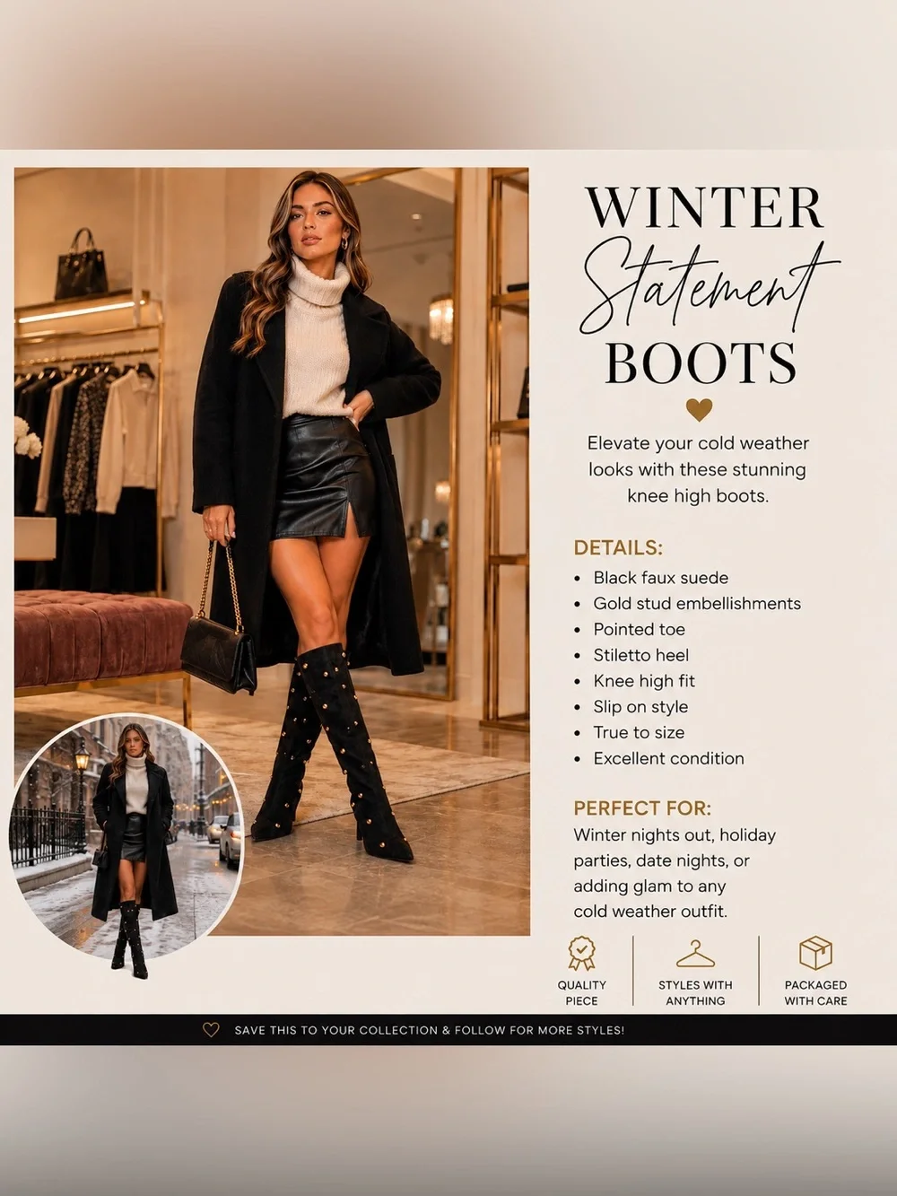 Black Studded Knee-High Boots - Fashion Women's Boots